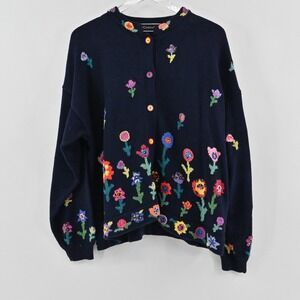 Christine Foley Floral Cardigan Womens Size XL Navy Cotton Vintage Knit Sweater